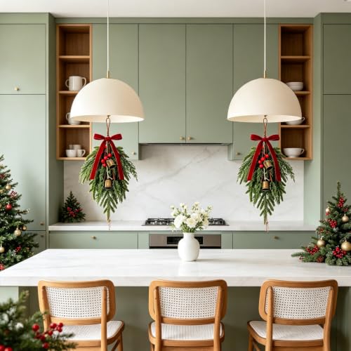 Christmas Teardrop Swag Set with Bows - 6 Mini Norfolk Pine & Cedar Decor with Bells - Red/6 Variation