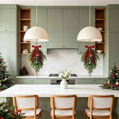Christmas Teardrop Swag Set with Bows - 6 Mini Norfolk Pine & Cedar Decor with Bells - Red/6 Variation