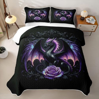 Manfei Purple Feather Dragon Quilt Set Queen Size Dark Purple Bedding with Pillow Shams