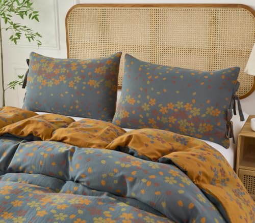 Vintage Cottage Botanical Muslin Bedding Queen Set with Pillowcases - Orange, Yellow, Blue - 3 Pieces