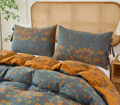 Vintage Cottage Botanical Muslin Bedding Queen Set with Pillowcases - Orange, Yellow, Blue - 3 Pieces