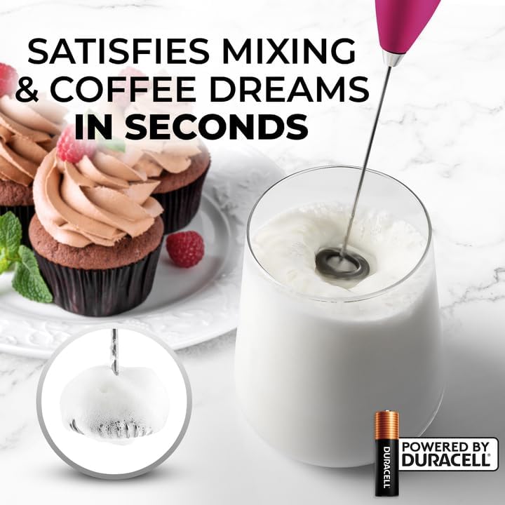 Zulay Kitchen Milk Frother Handheld Electric Whisk with AA Duracell Batteries – Durable Drink Mixer for Coffee, Lattes, Cappuccinos & More - Dragonfruit