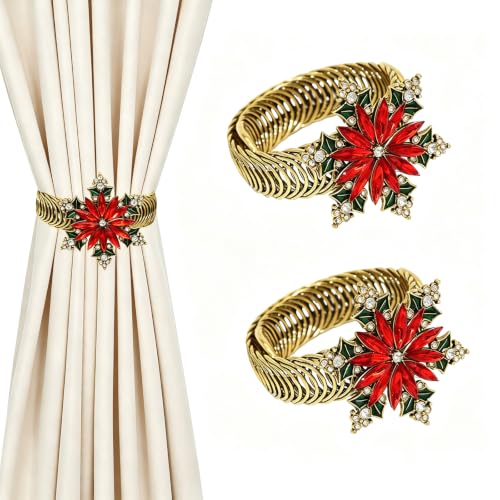 2-Pack Christmas Poinsettia Curtain Tiebacks - Festive Window Decor