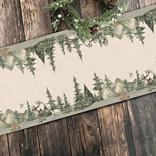 Winter Forest Reindeer Pine Tree Table Runner for Christmas - 13"x48"