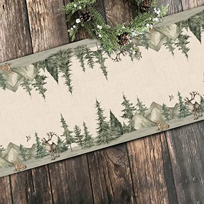 Winter Forest Reindeer Pine Tree Table Runner for Christmas - 13"x48"