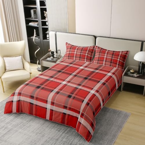 Gingham Black Red Full Size Bedding Set 3Pcs Cotton Duvet Cover & Pillowcases