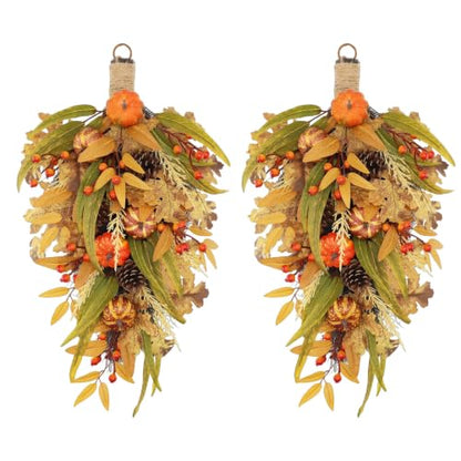2pcs Artificial Fall Teardrop Swag for Front Door with Pumpkins and Berries