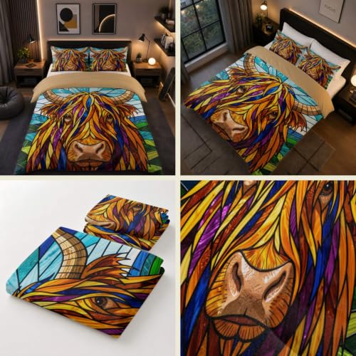Highland Cow Floral Duvet Cover Set for Farmhouse Bedroom, 16 Queen 90x90in + 20x30in Pillowcases