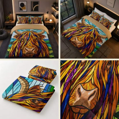 Highland Cow Floral Duvet Cover Set for Farmhouse Bedroom, 16 Queen 90x90in + 20x30in Pillowcases