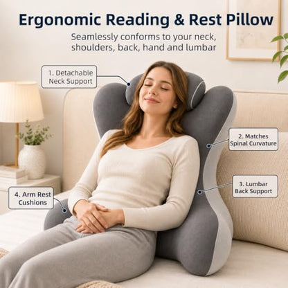 Reading Pillow with Arms for Bed and Sitting Support, Memory Foam Backrest
