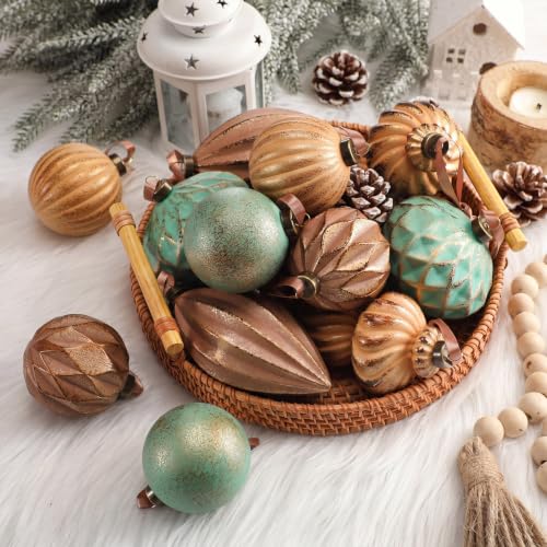 Neutral Christmas Ornaments Set of 12 - Textured Rustic Xmas Tree Decor, Copper, Brown & Green Variations
