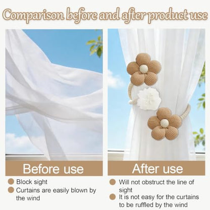 Brown Curtain Tiebacks Set - Boho Twist Rope Holders with Fabric Flowers