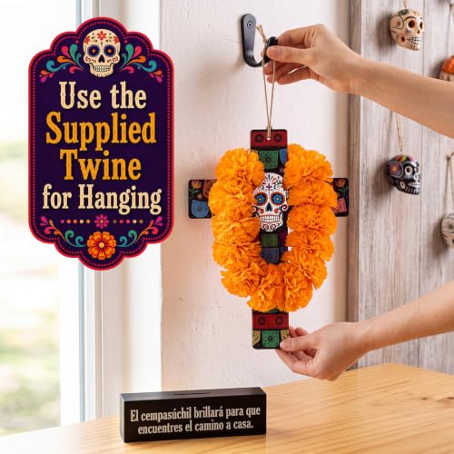 Amyhill Dia De Los Muertos Decor Wood Cross with Marigold Wreath - Classic