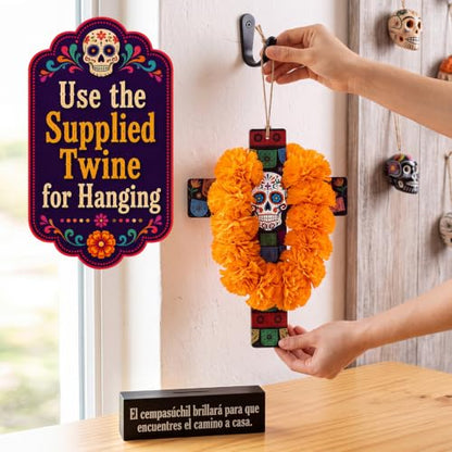 Amyhill Dia De Los Muertos Decor Wood Cross with Marigold Wreath - Classic