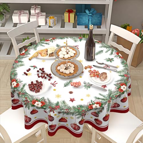 Christmas Round Tablecloth 60 Inch Xmas Bells & Snowflake Pattern - Red Variation