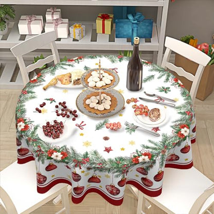 Christmas Round Tablecloth 60 Inch Xmas Bells & Snowflake Pattern - Red Variation