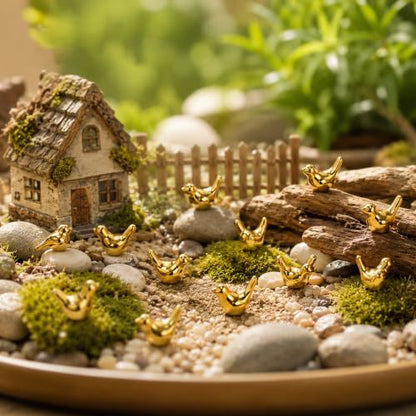 Gold Mini Resin Bird Figurines Set - 120 Pcs with Adhesive Dots for Crafts & Decor