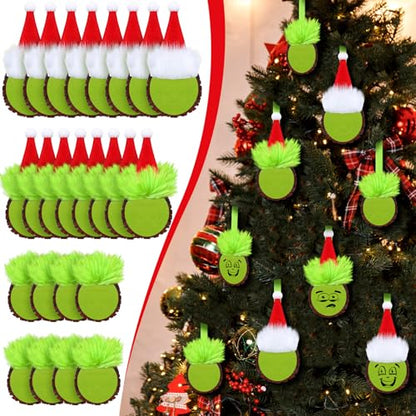 24 Pack Christmas Green Monster Ornaments - Wooden Hanging Holiday Decor