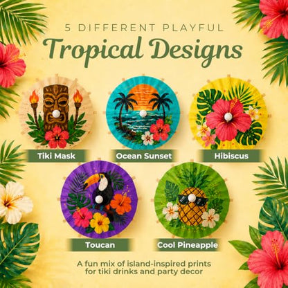 Tiki Bar Cocktail Umbrellas - 100 Pieces with Tropical Designs, Includes Classic Tiki Bar Variation