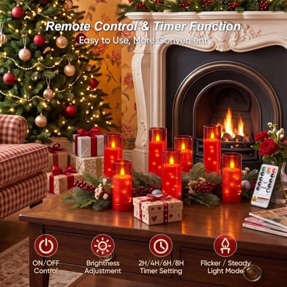 3pcs Red Flameless Battery-Operated Pillar Candles with Remote Timer