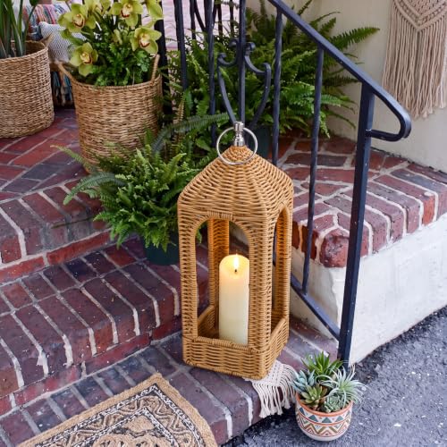 14.5 Inch Natural Rattan Lantern with Flameless LED Candle - Boho Decor