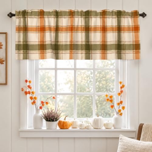 Fall Plaid Window Valance Curtains 54x18 Inch - Orange Green Checkered Farmhouse Style