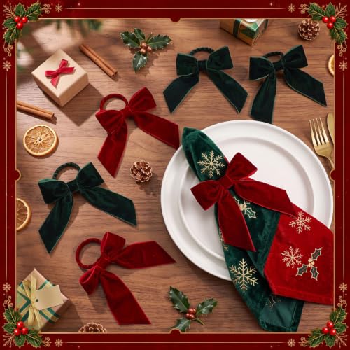 12 Pcs Velvet Christmas Bow Napkin Rings Burgundy & Dark Green Holiday Table Decor