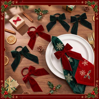 12 Pcs Velvet Christmas Bow Napkin Rings Burgundy & Dark Green Holiday Table Decor
