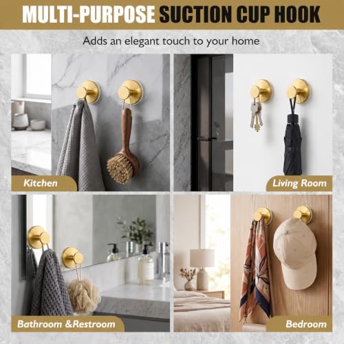 Brushed Gold Suction Cup Hooks for Shower Bathroom Towel Hooks 2 Pack