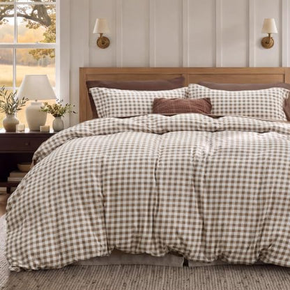 Bedsure Gingham Duvet Cover Set Cotton-Like Bedding Queen Size - Brown, No Comforter, 90x90