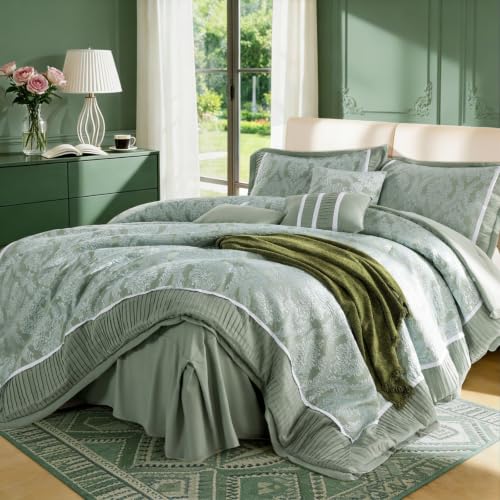 King Size Comforter Set 7 Piece Jacquard Damask Bedding in Sage Green