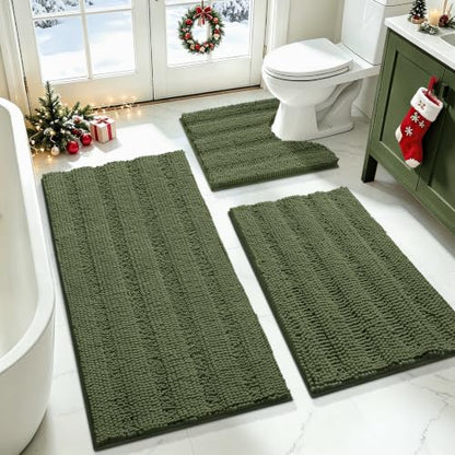 Christmas Striped Bathroom Rug Set - Oliver Green 3-Piece Non Slip Chenille Bath Mat, Absorbent Plush Shaggy Rugs for Bathroom, Bedroom, Kitchen - Variation of Oliver Green / 2'8"x1'8"+2'×1'5"+U Shape 2'×1'8"