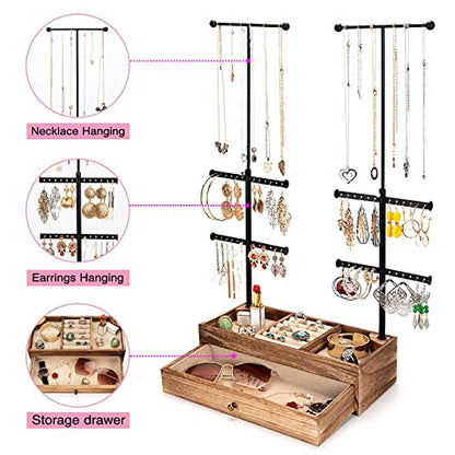 Emfogo Rustic Brown 6-Tier Jewelry Organizer Stand with Adjustable Necklace Holder