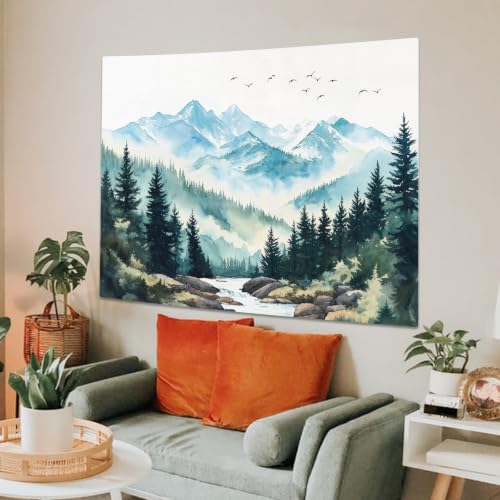 Mountain White Watercolor Tapestry 60x44 Inch Misty Forest River Scene - Wolijojo
