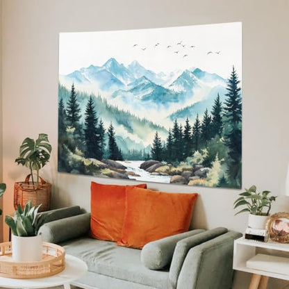 Mountain White Watercolor Tapestry 60x44 Inch Misty Forest River Scene - Wolijojo
