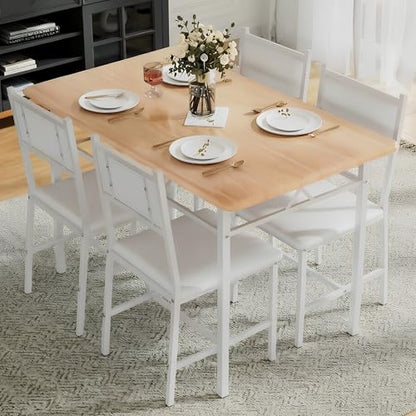 Natural White 5-Piece Dining Table Set for 4 with Upholstered Chairs - Space-Saving Kitchen Furniture