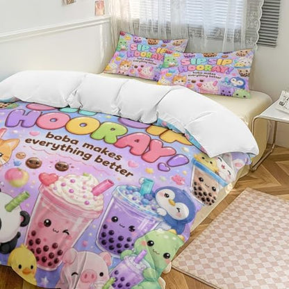 Cute Boba Tea Animals Kawaii Pattern Queen Duvet Cover Set 90x90 with Pillowcases
