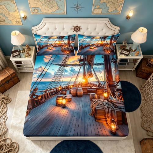 Homewish Queen Size Ship Deck Fitted Sheet No Flat - Blue 07 / Queen
