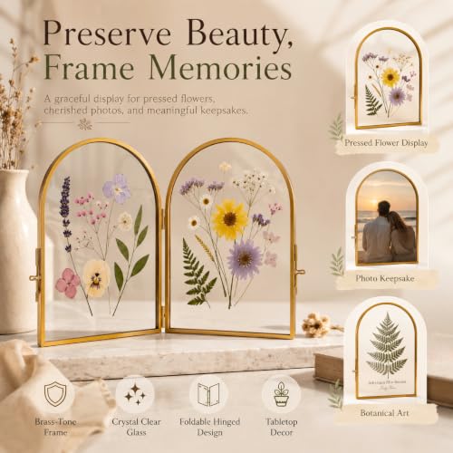 Double Glass Pressed Flower Frame - Gold 5x7 Inch Floating Picture Frame - Arched Design