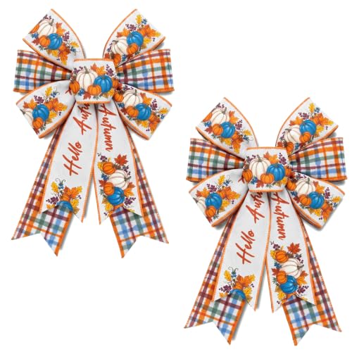 Fall Pumpkin Bow for Wreaths - 2 Pcs Autumn Harvest Farmhouse Decor