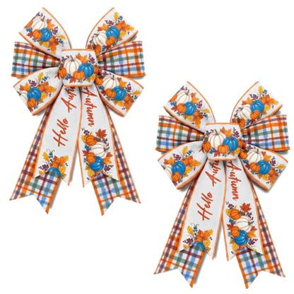 Fall Pumpkin Bow for Wreaths - 2 Pcs Autumn Harvest Farmhouse Decor
