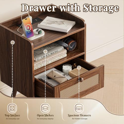 Superjare Nightstands Set of 2 with Charging Station, 11.8 x 15.9 x 23.4 Inches, Dark Walnut