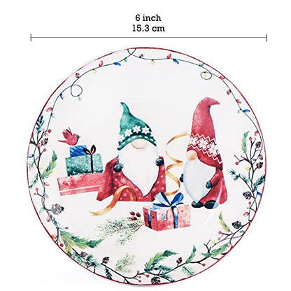 Christmas Gnomes Appetizer Plates Set of 6 - 6 Inch Ceramic Holiday Tableware