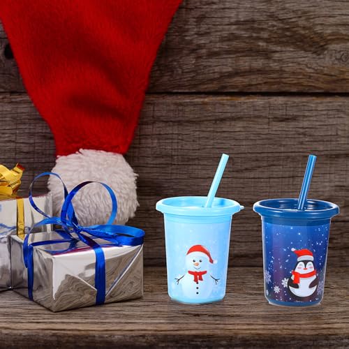 Christmas Plastic Cups with Straws and Lids - 10 Oz 12 Pack