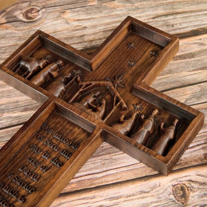 9.8 Inch Nativity Wall Crucifix Cross Handmade Christmas Faith Gift - Nativity Scene
