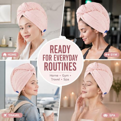 Microfiber Hair Towel Wrap for Women - Quick-Drying, Soft Absorbent Turban with Elastic Button Loop, Lightweight for Wet, Long, Curly & Thick Hair, Blush Pink