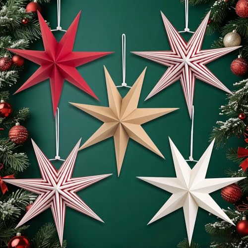 7-Pointed Paper Star Lanterns - Red & White Christmas Hanging Decorations, 12 Inch, 5 Pack - Variation of THIS listing