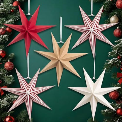 7-Pointed Paper Star Lanterns - Red & White Christmas Hanging Decorations, 12 Inch, 5 Pack - Variation of THIS listing