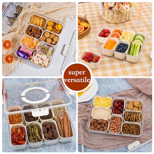 erichbow Divided Snack Serving Tray with Lid and Handle travel Snackle Box Charcuterie Container Portable Storage Organizer for Candy, Fruits, Nuts, Snacks(8 Compartments)