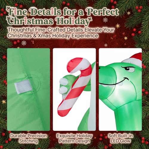 Green 12FT Christmas Inflatable Dinosaur with Santa Hat - Outdoor Holiday Decor